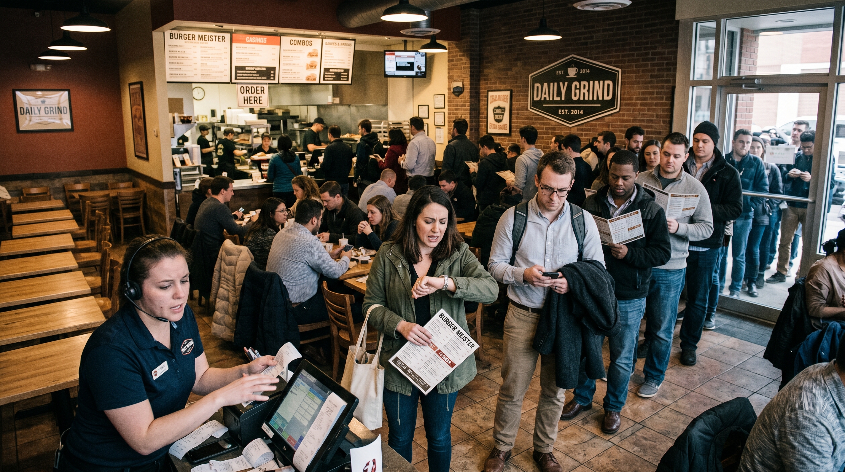 Crowded restaurant with long queue
