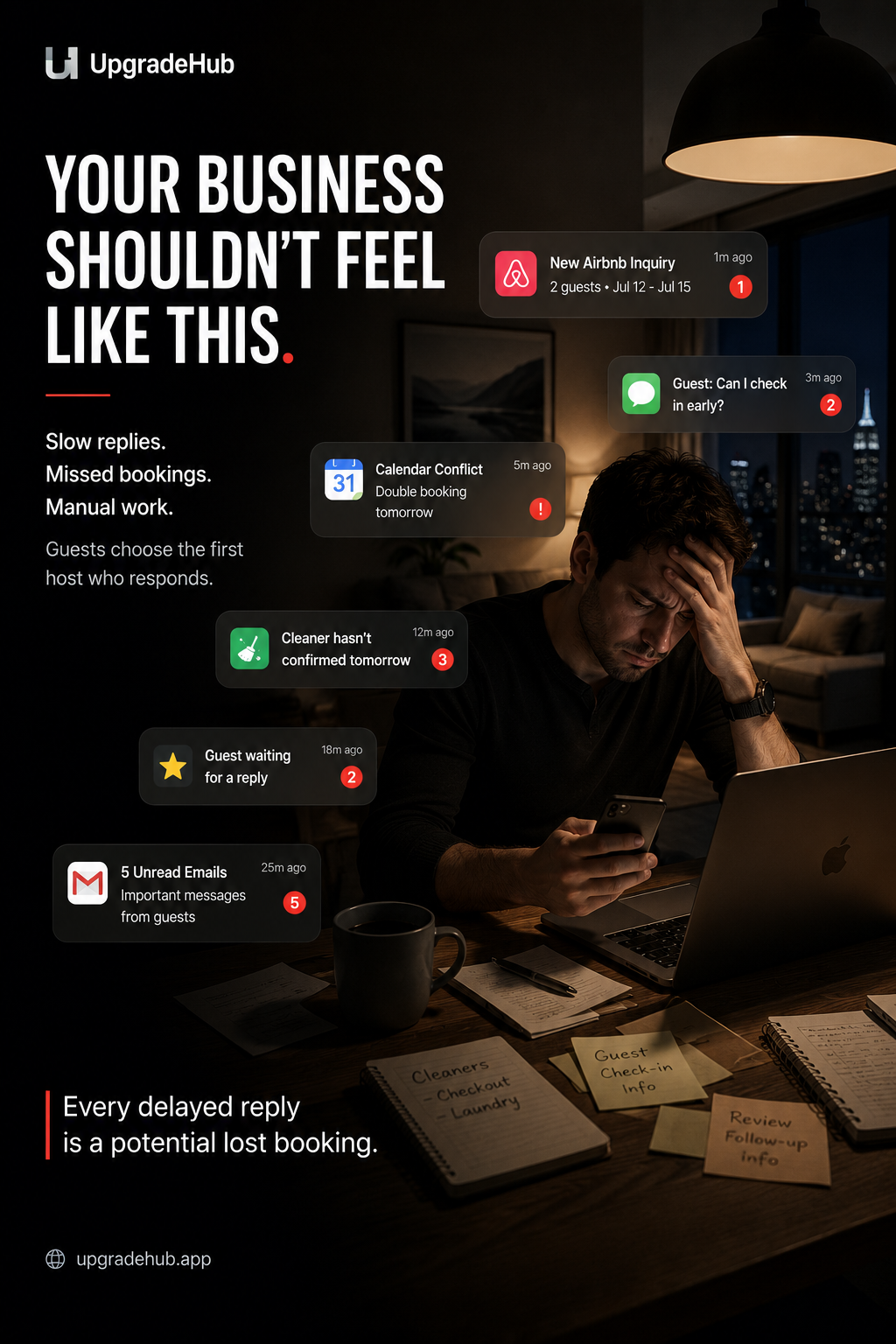 Frustrated Airbnb host surrounded by receipts and spreadsheets - the problem UpgradeHub solves